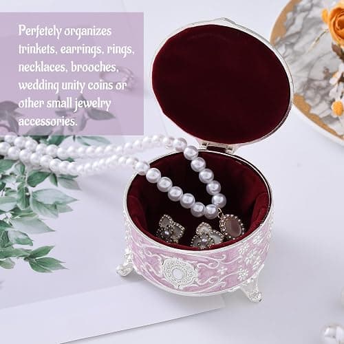 Qsabv Vintage Jewelry Box, Silver Round Treasure Ring Box, Metal Trinket Organizer Keepsake Box Gift for Girl Women, Light Purple thumbnail 5