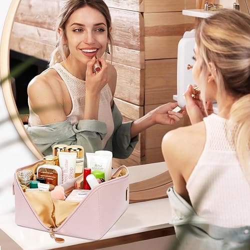 CLOUDWINGS Birthday Gifts for Women Teen Girl, Personalized Initial Makeup Organizer Bag Set, Open Flat Travel Cosmetic Bag With Clear Divider and Handle(Pink,L) thumbnail 2