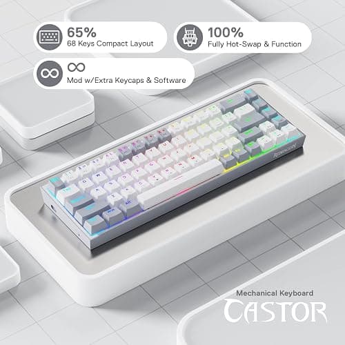 Redragon K631 Gery 65% Wired RGB Gaming Keyboard, 68 Keys Compact Mechanical Keyboard w/100% Hot-Swap Socket, Free-Mod Plate Mounted PCB & Dedicated Arrow Keys, Quiet Red Switch thumbnail 2