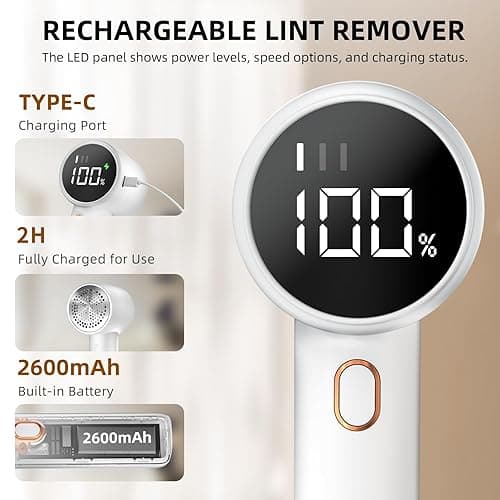 Fabric Shaver, Lint Remover Rechargeable, Electric Portable Sweater Defuzzer with 3 Speeds, 6 Leaf Blades, Digital LED Display to Remove Pilling for Clothes, Furniture, Sweater, Couch, Blanket - White thumbnail 3