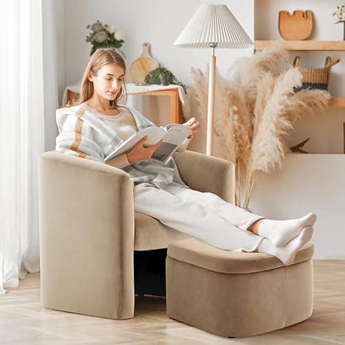 COLAMY Upholstered Velvet Barrel Accent Chair with Storage Ottoman, Morden Living Room Chair with Lounge Seat for Bedroom/Reading Spaces, Khaki - Khaki - Set of 1 thumbnail 5