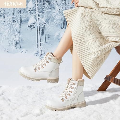 Women Winter Snow Boots with Fur Lined,Black Low heels Combat Ankle Boots,Non Slip Leather Ankle Boots for Women thumbnail 5