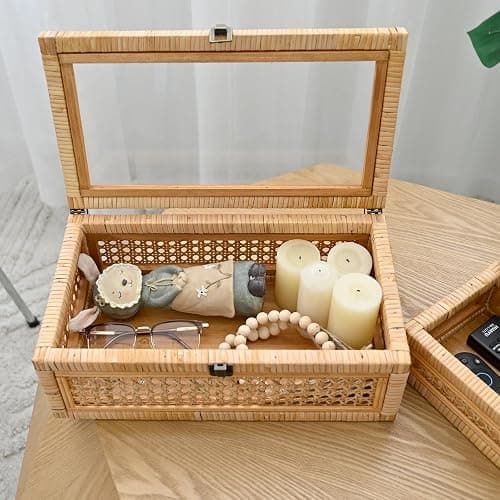 DECOR4SEASON Rattan and Cane Stacking Boxes with Glass Top Lid - Set of 2 for Boho, and Rustic Farmhouse Decor thumbnail 6