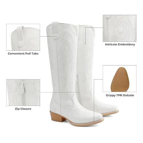 DREAM PAIRS Womens Cowboy Boots Comfortable Cowgirl Knee High Boots Pull On Side Zipper Chunky Heel Embroidered Western Boots thumbnail 3