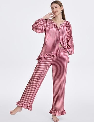 COZYPOIN Womens Plaid 2 Piece Pajamas Sets Cotton Gingham Puff Long Sleeve Babydoll Shirt Ruffle Pants Y2K Pjs Lounge Set thumbnail 2