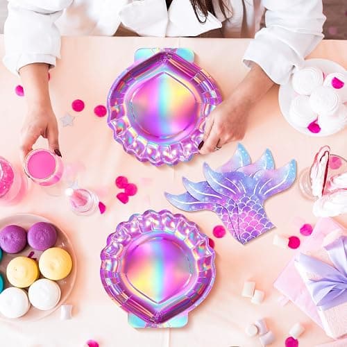 Qeeenar 100 Pcs Mermaid Party Supplies Iridescent Pink Mermaid Plates and Napkins Paper Seashell Plates Tail Napkins Party Decorations for Birthday Baby Shower thumbnail 6