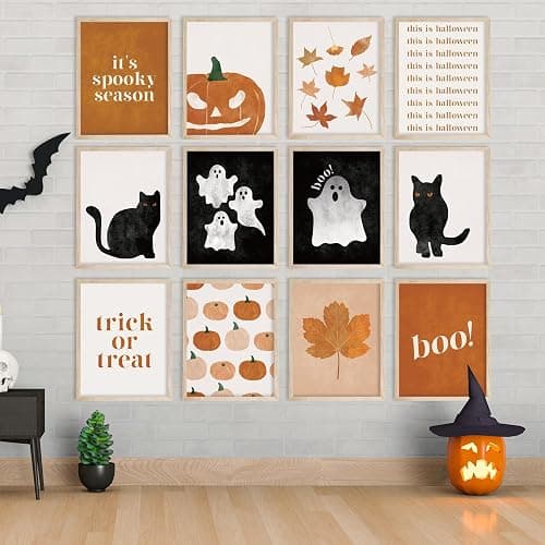 JarThenaAMCS 12Pcs Halloween Wall Art Prints Boho Ghost Pumpkin Black Cat Art Poster Black Orange Wall Decor For Fall Gallery Living Room Bedroom, UNFRAMED, 11 x 14 Inch thumbnail 7
