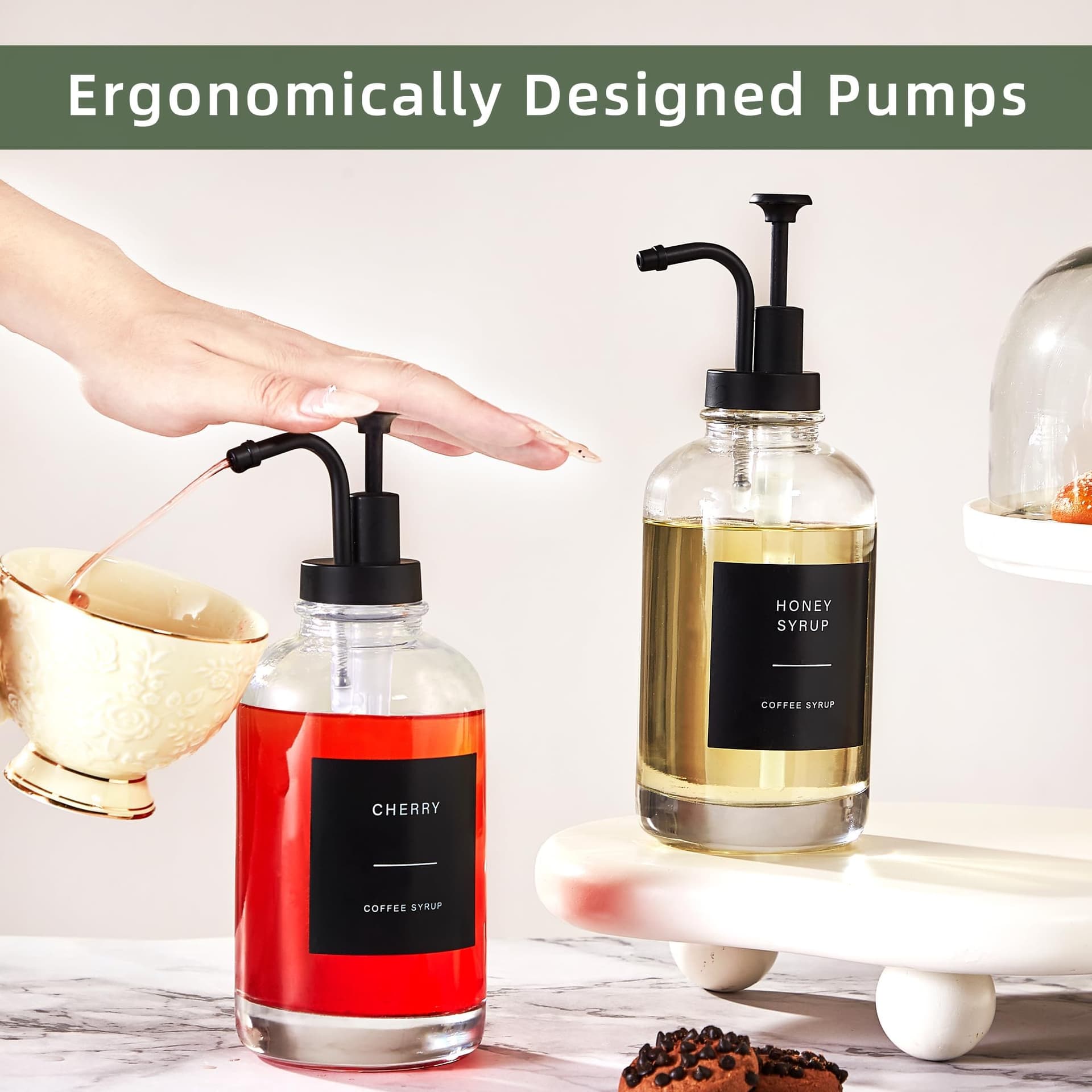 Coffee Syrup Dispensers for Coffee Bar(Set of 4), Coffee Syrup Pump Dispenser for Coffee Bar Accessories, 16.9 oz Glass Syrup Dispenser with 36 Labels, Coffee Syrup Bottles with Matte Black Pump thumbnail 6
