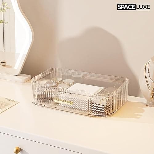 SpaceLuxe Makeup Organizer with Drawers and 360° Rotating Brush Holder, Large Capacity Cosmetic Storage for Vanity, Skincare, Perfume, Hair Accessories, Lipstick & Jewelry (Clear, 2-layer) thumbnail 5