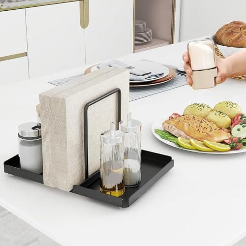 Napkin Holder for Table, Metal Napkin Holder with Salt and Pepper Shakers Caddy, Standing Paper Napkin Storage for Kitchen Dining Table Decor, Black thumbnail 2