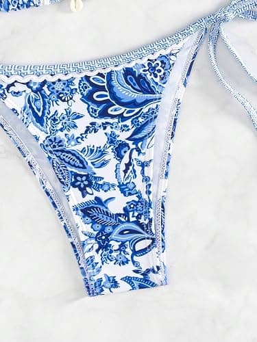 WDIRARA Women's 2 Piece Boho Swimsuits Floral Print Halter String Triangle Bikini Set Beach Bathing Suit thumbnail 4