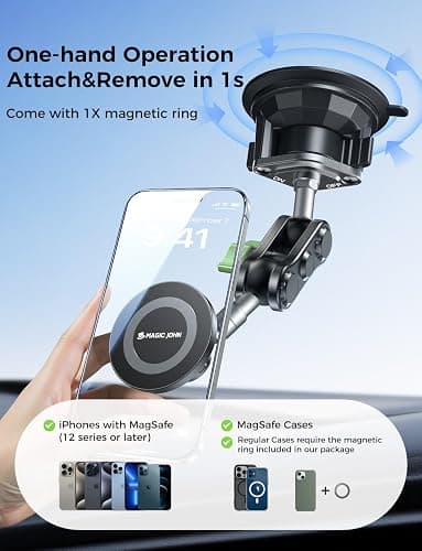 MAGIC JOHN Magnetic Car Phone Holder [Strong Suction&Strong Magnetic] 360° Adjustable Car Phone Mount for Windshield, Ultra-Durable Metal, Suction Cup Car Phone Mount for iPhone Samsung All Smartphone thumbnail 4