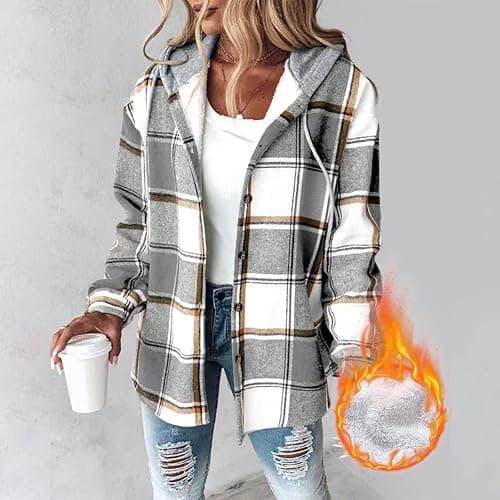 Flannel Jacket For Women Trendy - Fleece Lined Button Down Plaid Shacket Long Sleeve Hooded Jackets Fall Winter Coat thumbnail 2