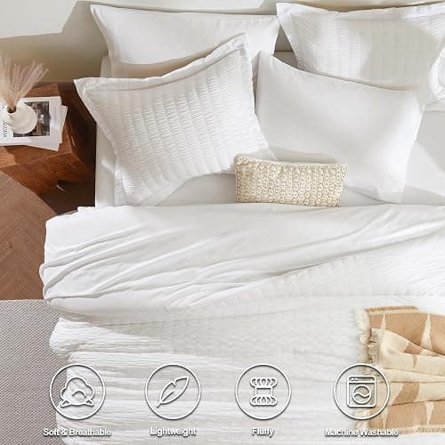 CozyLux Oversized Queen Comforter Set White Seersucker 7 Pieces 98x98 Bed in a Bag Comforter Set with Sheets, Luxury Soft Bedding Sets with Down Alternative Comforter, Sheets, Pillowcases & Shams thumbnail 2