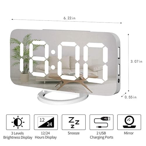 Miowachi Digital Alarm Clock,Large Mirrored LED Clock,Snooze,Dim Night Light 2 USB Charger Ports Desk Alarm Clocks for Bedroom Decor (White) thumbnail 2