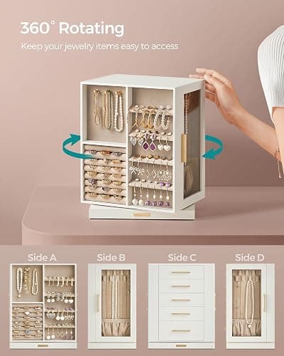 SONGMICS Jewelry Box 360° Rotating, Jewelry Storage Case with 5 Drawers, Jewelry Organizer, Glass Window, Spacious, Vertical Jewelry Storage, Open Design, Christmas Gift, Cloud White UJBC170W01 thumbnail 4