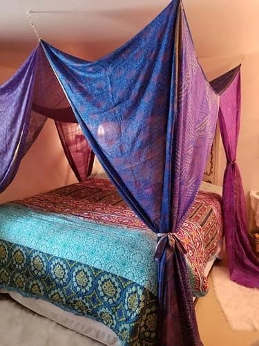 Bed Canopy Curtains Boho Curtains Bohemian Blue Decor India Silk Sari Saree Made to Order Queen Purple Over Bed Tent (Twin(39''x78''x78'')) Multi thumbnail 3