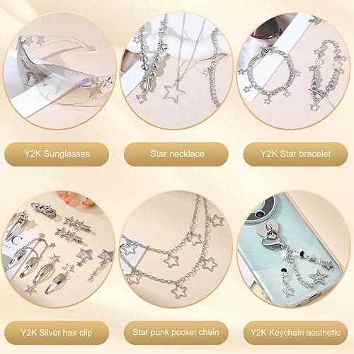 Y2k Accessories Set Included Star Y2k Silver Necklace Grunge Layered Necklace Y2K Sunglasses Star Hair Clip Y2k Silver Hair Clips Keychain Hip Hop Pants Chain Vintage Jewelry Set for Women thumbnail 2