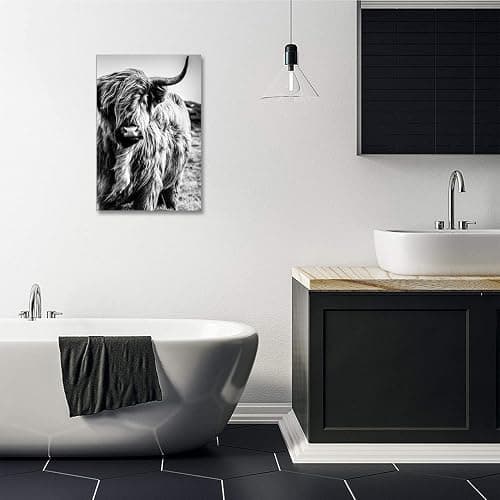Highland Cow Wall Art Canvas Black and White Cow Picture Prints Framed Artwork for Bathroom Farmhouse Wall Decor (16x24inches) thumbnail 4