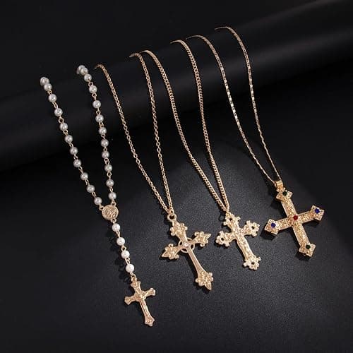 Gold Color Cross Pendant Necklace Set for Women,Dainty Big Crystal Cross Imitation pearl Layered Chain Necklace Summer Party Jewelry thumbnail 4