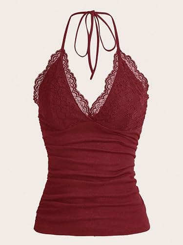 MakeMeChic Women's Halter Top Y2K Lace V Neck Ruched Low Cut Halter Tank Tops Camisole Tops thumbnail 5