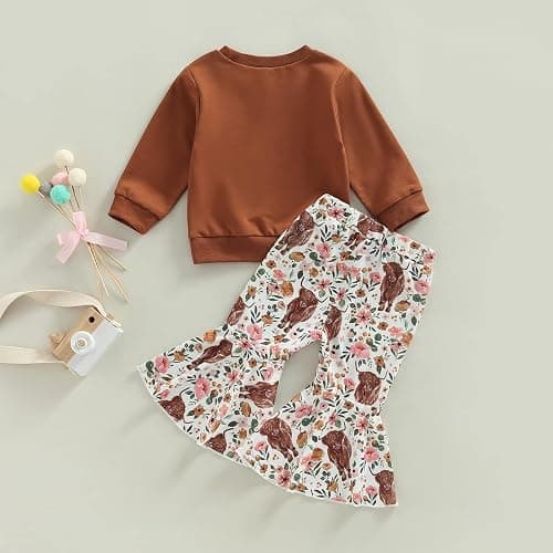 Karuedoo Toddler Baby Girl Western Outfit Letter Print Crewneck Sweatshirt Top Cow Flared Pants Set 2PCS Fall Winter Outfits thumbnail 7