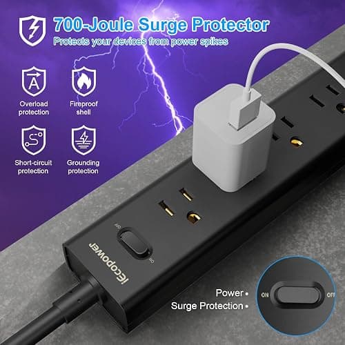 2 Pack Power Strip Surge Protector-5 Widely Spaced Outlets 3 USB Ports(1 USB C Port),1250W/10A with 5Ft Extension Cord, Power Strips with Surge Protection, Wall Mount for Home Office,Black thumbnail 5
