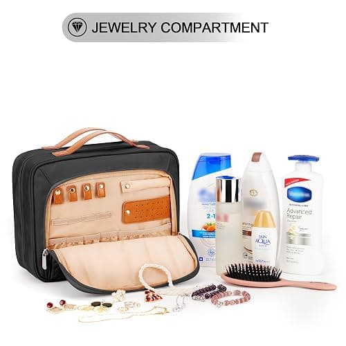 COOSKY Travel Hanging Toiletry Bag for Women, Holds Full-Size Shampoo, with Jewelry Organizer Compartment, Extra Large Makeup Bag, Waterproof Cosmetic Bag, Toiletries Kit Set with Trolley Belt, Black thumbnail 3