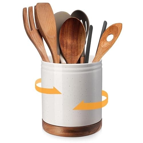 DOWAN 7.6" 360° Rotating Utensil Holder, Kitchen Utensil Holder for Countertop,Large Ceramic Utensil Crock for Kitchen Counter, Protection Cork Bottom, White - Image 1