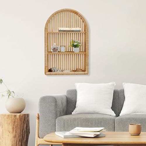 Synovana Rattan Wall Shelf - 3 Tier Boho Arch Hanging Shelves Handcraft Floating Shelf for Bathroom Living Room Wall Decor, 15.75" x 23.62" thumbnail 7