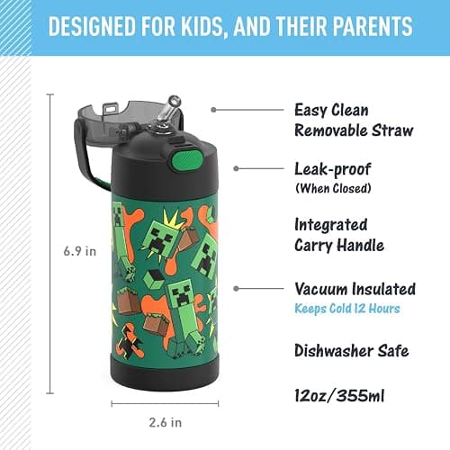THERMOS FUNTAINER Water Bottle with Straw - 12 Ounce - Kids Stainless Steel Vacuum Insulated Water Bottle with Lid, Minecraft thumbnail 2