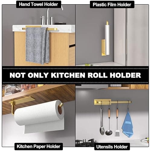 Paper Towel Holder - Self-Adhesive or Drilling, Gold, Upgraded Aluminum Kitchen Roll Dispenser Under Cabinet, Lighter but Stronger Than Stainless Steel! thumbnail 5