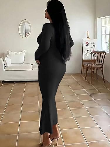 HBQ Women's Bodycon Maxi Dress Long Sleeve Square Neck Lounge Dresses Sexy Night Out Party Dress thumbnail 4