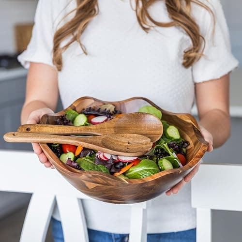 Wood Salad Bowl with Serving Utensils - Large Scalloped Decorative 12" Acacia Wooden Mixing Bowls Set with Spoons - Handcrafted Farmhouse Kitchen Serveware for Fruit, Pasta, Snacks and Home Decor thumbnail 7