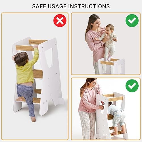 COSYLAND Toddler Standing Tower - Adjustable Height Toddler Kitchen Stool Helper - Kids Kitchen Step Stool for Learning with Handle White & Natural thumbnail 8