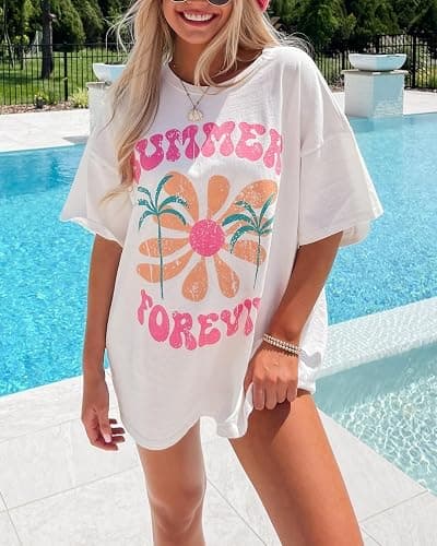 Womens Teens Oversized Graphic Tshirts Y2k Flower Fruit Vintage Tees Beach Surfer Casual Short Sleeve T-Shirts thumbnail 3