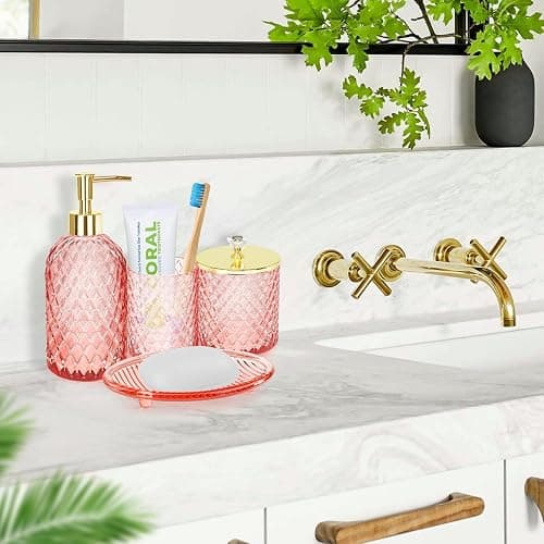 Haturi Glass Bathroom Accessories Set, Light Pink Bathroom Set, 4 Pcs | Kit w/ Bathroom Soap Dispenser Set, Toothbrush Holder, Qtip Holder, Vanity Tray, Pink Bathroom Decor, Gift for Home Apartment thumbnail 2