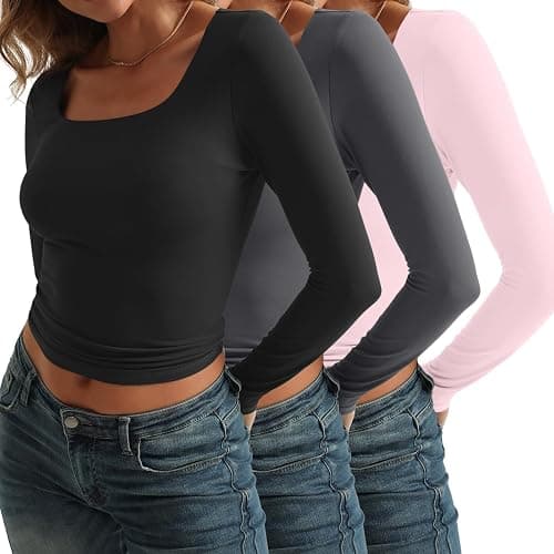 AUTOMET 3 Pack Womens Long Sleeve Shirts Fall Fashion Scoop Neck Crop Tops Basic Layer Slim Fit Y2K Clothes thumbnail 3