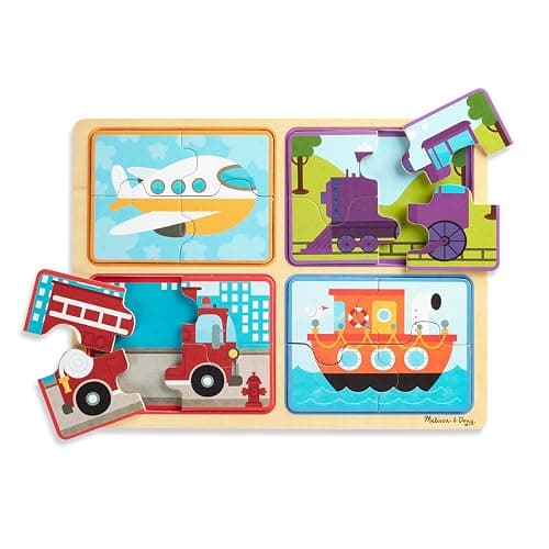 Melissa & Doug Natural Play Wooden Puzzle: Ready, Set, Go (Four 4-Piece Vehicle Puzzles) - Image 1