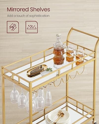VASAGLE Bar Cart Gold, Home Bar Serving Cart, Wine Cart with 2 Mirrored Shelves, Wine Holders, Glass Holders, for Kitchen, Dining Room, Gold ULRC090A03 thumbnail 4