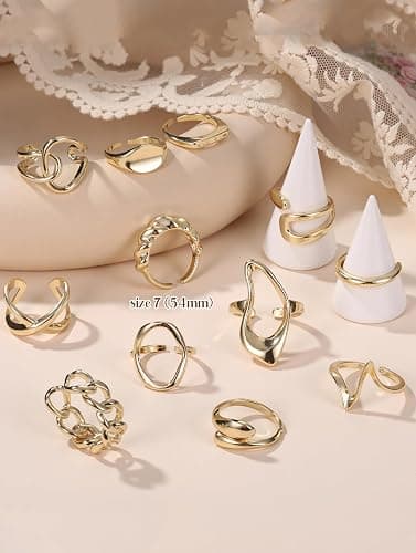 THUNARAZ 12 PCS Stackable Gold Rings for Women Adjustable Open Chunky Rings,14K Gold Plated Twisted Round Signet Rings for Gift thumbnail 5