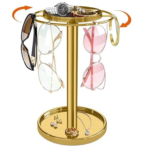 LSK 360° Rotating Sunglass Organizer, Glasses Stand with Storage Tray, Gold Stainless Steel Glasses Holder with Non-Slip Pad for Dresser, Nightstand & Home Decor, Storing Up to 9-16 Pairs Glasses - Image 1