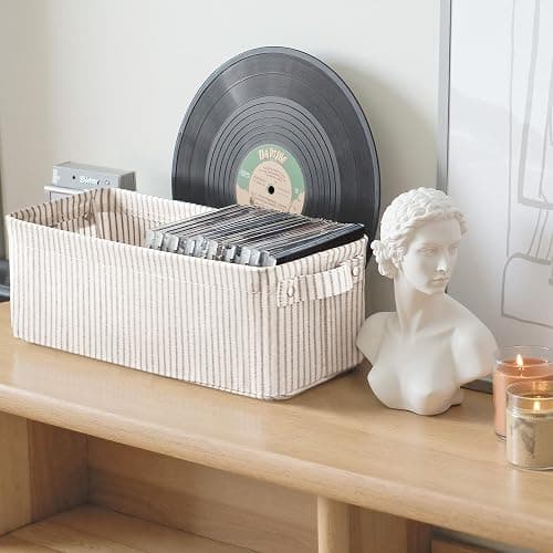 StorageWorks Narrow Storage Bins, Small Basket for Bathroom, Closet and Shelves, Fabric Organizer with Handles, Toilet Paper Storage, Khaki Stripes, 2-Pack thumbnail 2