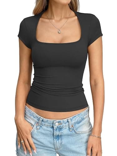 Eachyes Womens Square Neck Cap Sleeve Tops Sexy Low Cut Short Sleeve Shirts Basic Slim Fit Tee Cute Summer Clothes 2026 - Image 1