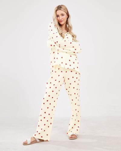 codcm Womens Pajama Sets Cotton Pj Set Cute Heart Print Long Sleeve Button Down Shirt With Long Pants thumbnail 2