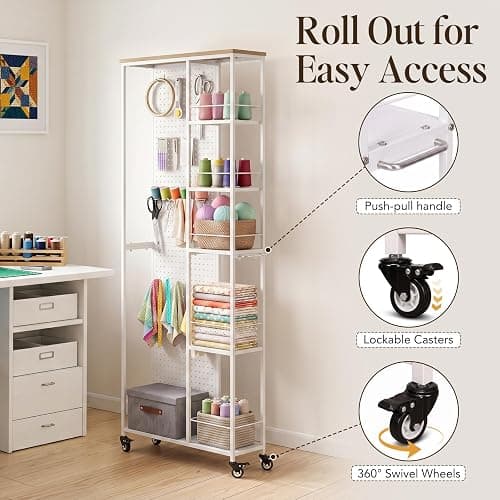 Craft Storage Cart with Dual-Sided Pegboard,5-Tier Shelves Craft Room Storage and Organization,Craft cart Lockable Wheels, Rolling Organizer for Craft Room, Art Supplies,Small Spaces (White, 68.7" H) thumbnail 4