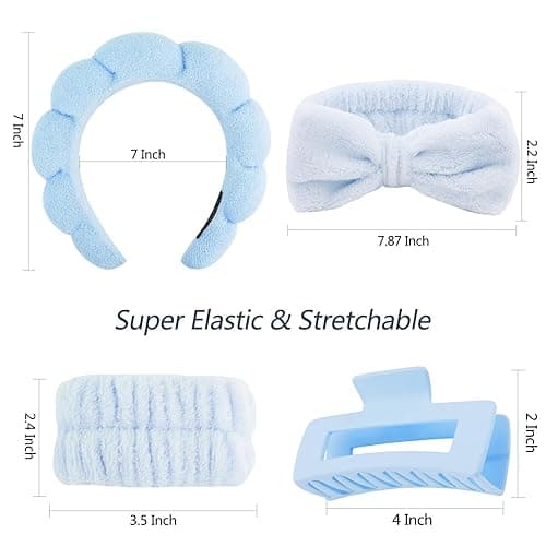 VELSCRUN Spa Headbands for Wash Face, Makeup Headband, Facial Skincare Headbands, 5 Pcs Blue Puffy Sponge Spa Headband Bow Tie Hair Band Hair Clips Wristband Set Women Girls Accessories thumbnail 8