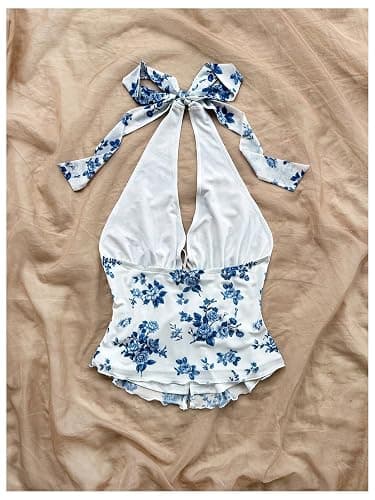 BEAUDRM Women's Boho Floral Print Halter Top Y2k Sleeveless Backless Bow Knot Ruffle Tank Tops Blue Small thumbnail 2