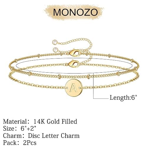 MONOZO Gold Initial Bracelets for Women Girls Jewelry Gifts - Dainty 14K Gold Plated Layered Beaded Letter Bracelet 26 Alphabet Disc Monogram Initial Bracelets Birthday Gifts for Women Girls Teens - Image 1