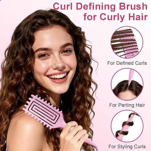 2-Pack Curly Hair Brush, Curl Defining Brush with Soft Boar Bristles Detangling Tangled Glides, Wide-Teeth Design Effortlessly Shaping & Defining Curls, Curling Definer for Wet & Dry Hair (Green Pink) thumbnail 5